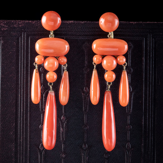Antique Victorian Coral Chandelier Drop Earrings 18ct Gold