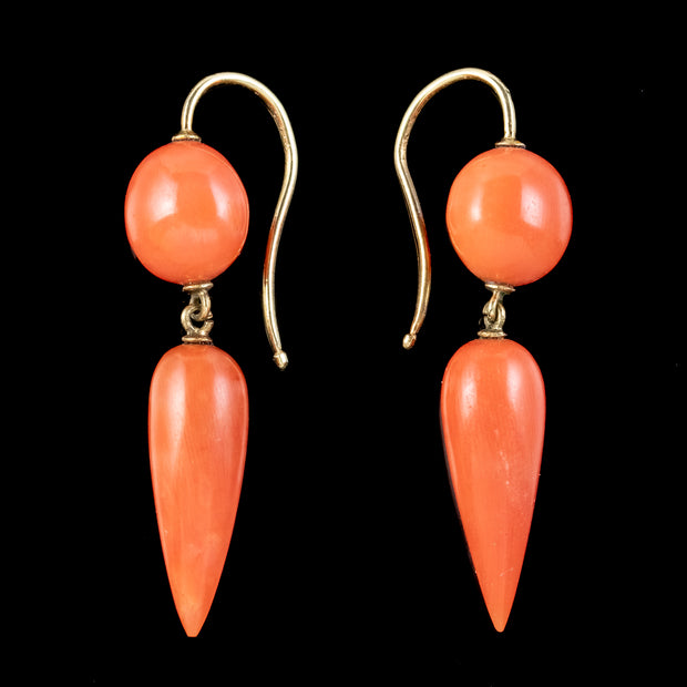 Antique Victorian Coral Drop Earrings 15ct Gold
