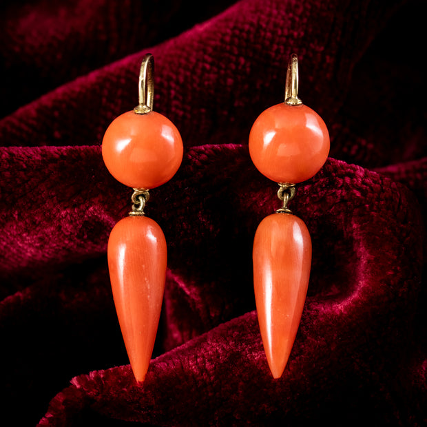 Antique Victorian Coral Drop Earrings 15ct Gold
