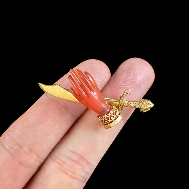 Antique Victorian Coral Hand And Scimitar Brooch 18ct Gold 