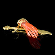 Antique Victorian Coral Hand And Scimitar Brooch 18ct Gold 