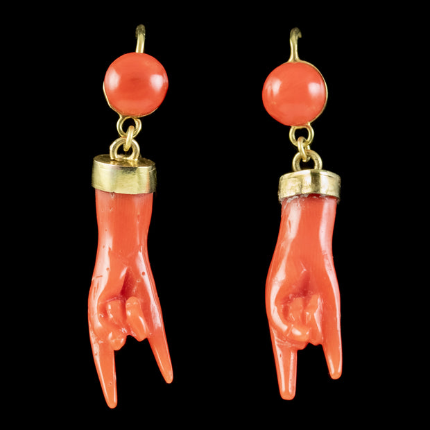 Antique Victorian Corna Coral Hand Earrings 18ct Gold