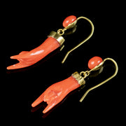 Antique Victorian Corna Coral Hand Earrings 18ct Gold