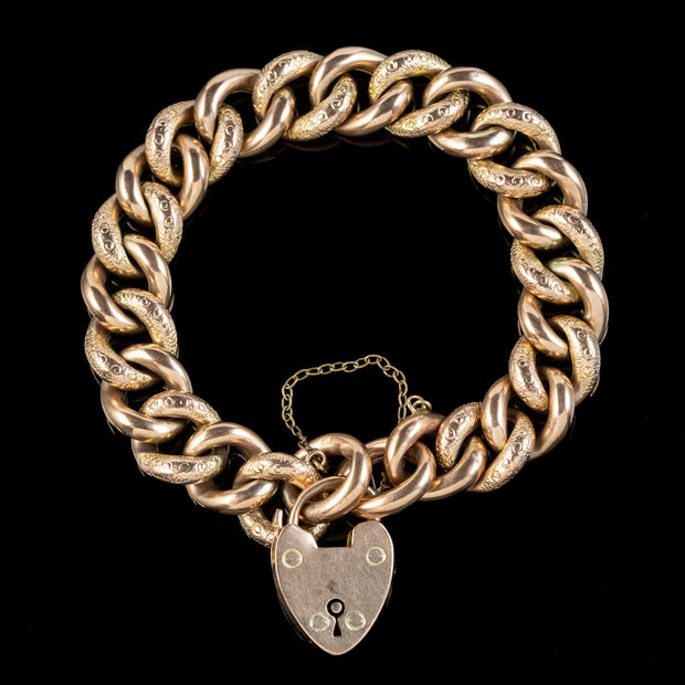 Antique Victorian Curb Gate Bracelet 9ct Gold Heart Padlock Dated 1906 