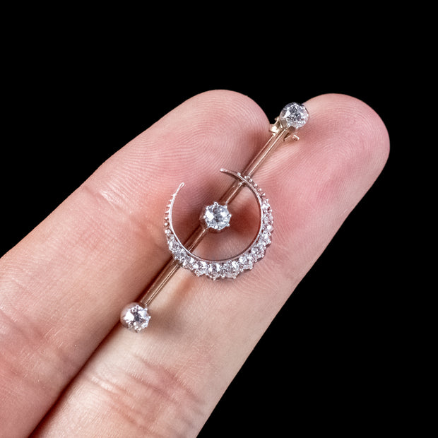 Antique Victorian Diamond Crescent Moon Brooch Silver 18ct Gold