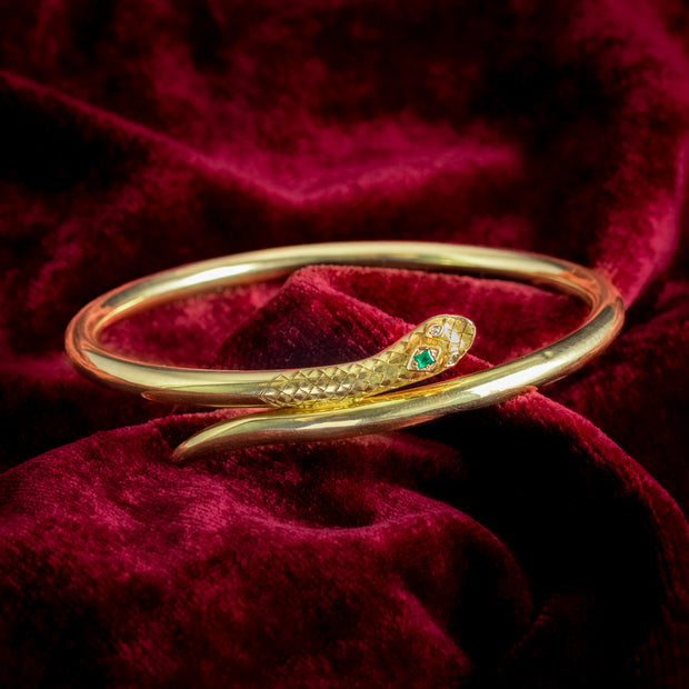 Antique Victorian Diamond Emerald Snake Slave Bangle 15ct Gold