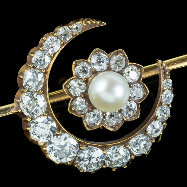 Antique Victorian Diamond Pearl Crescent Flower Brooch 3.2ct Of Diamond