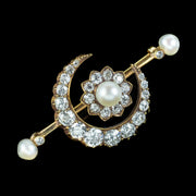 Antique Victorian Diamond Pearl Crescent Flower Brooch 3.2ct Of Diamond