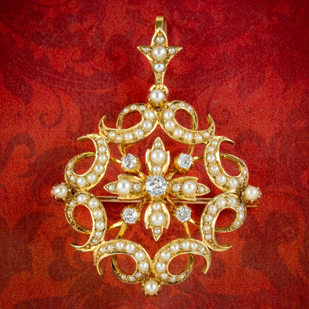 Antique Victorian Diamond Pearl Pendant Brooch 18ct Gold
