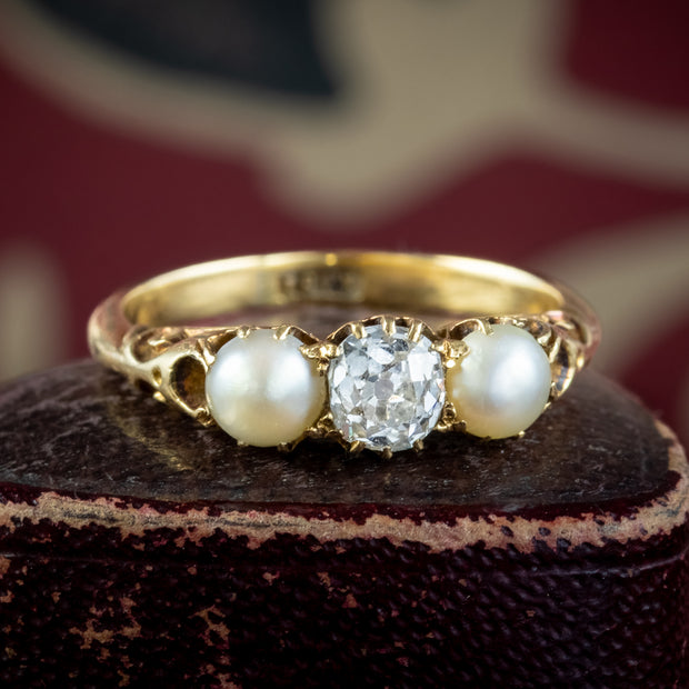 Antique Victorian Diamond Pearl Trilogy Ring 0.40ct Diamond