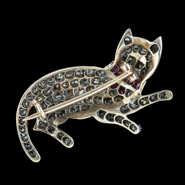 Antique Victorian Diamond Ruby Cat Brooch 5.5ct Of Diamond 