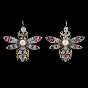Victorian Style Diamond Ruby Pearl Insect Earrings Boxed