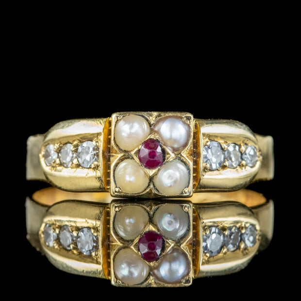 Antique Victorian Diamond Ruby Pearl Ring 