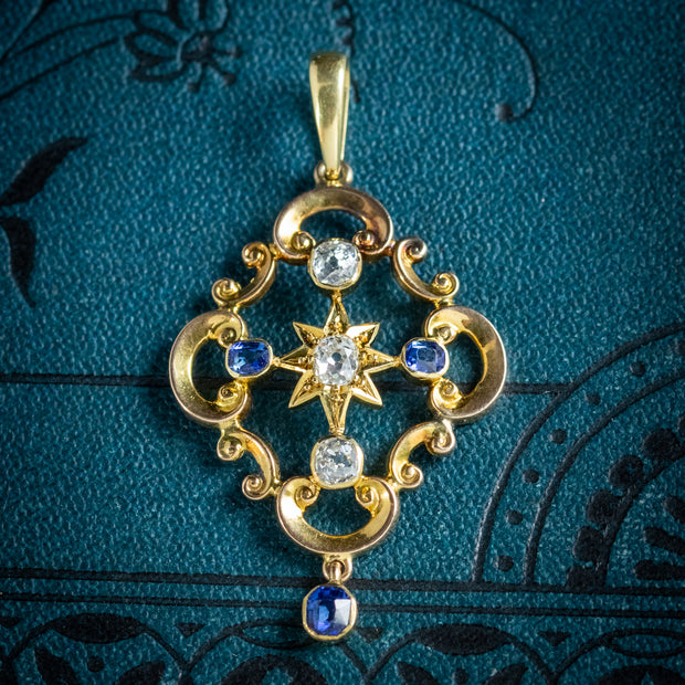 Antique Victorian Diamond Sapphire Pendant 15ct Gold Circa 1900