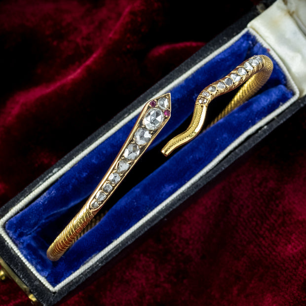 Antique Victorian Diamond Snake Bangle Ruby Eyes 2.1ct Diamond