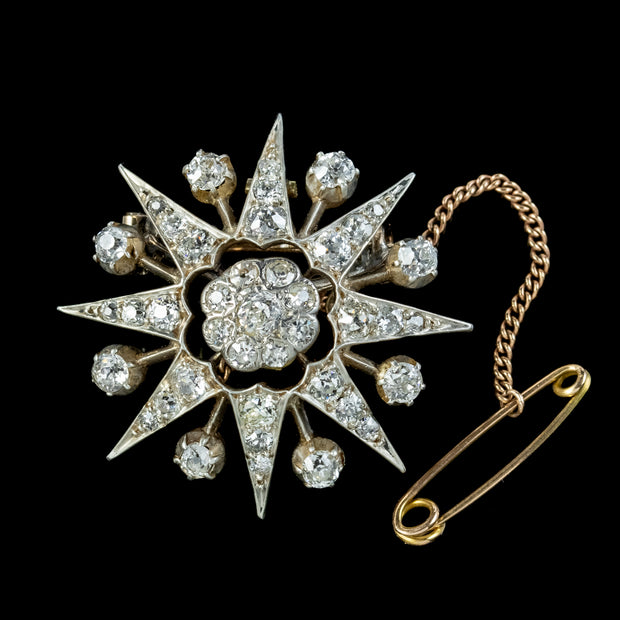 Antique Victorian Diamond Star Brooch 18ct Gold Silver 2ct Of Diamond 