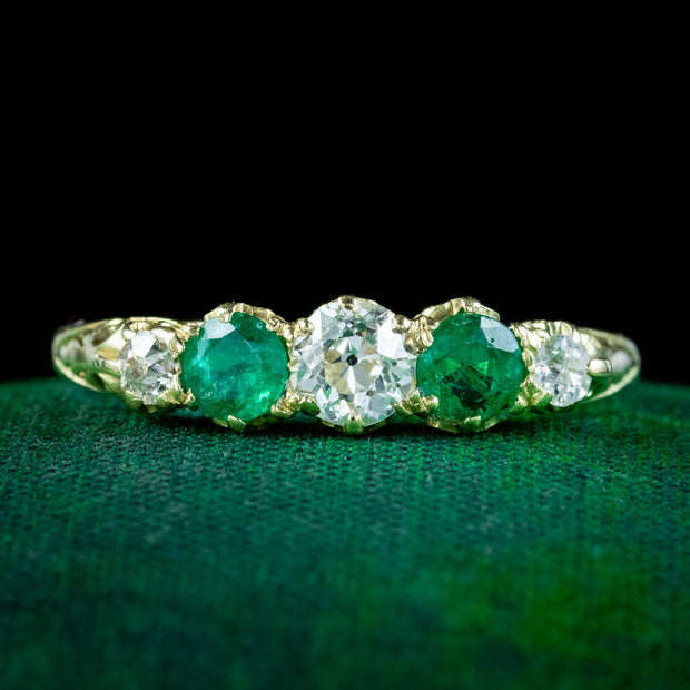 Antique Victorian Emerald Diamond Five Stone Ring 0.50ct Of Emerald