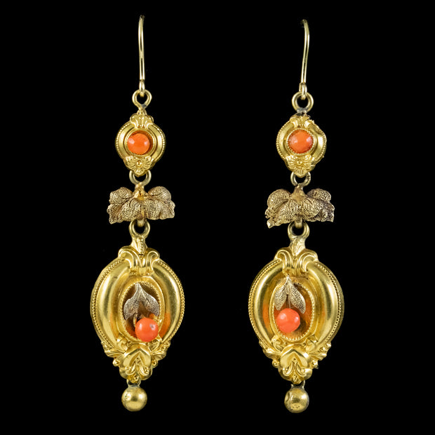 Antique Victorian Etruscan Coral Drop Earrings 18ct Gold Circa 1860