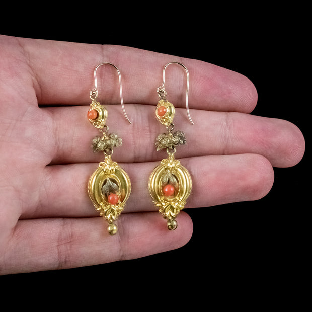 Antique Victorian Etruscan Coral Drop Earrings 18ct Gold Circa 1860