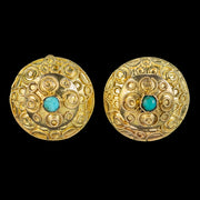 Antique Victorian Etruscan Turquoise Locket Clip Earrings 18ct Gold 