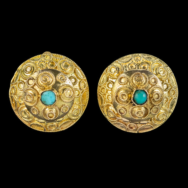 Antique Victorian Etruscan Turquoise Locket Clip Earrings 18ct Gold 