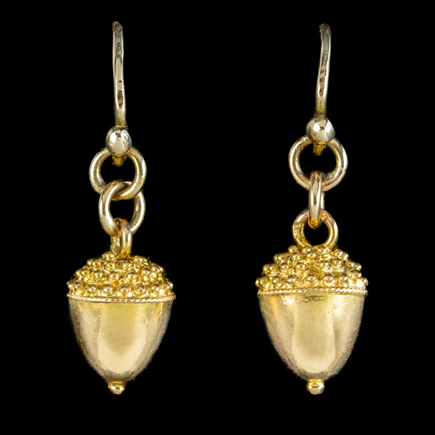 Antique Victorian Etruscan Acorn Drop Earrings 15ct Gold