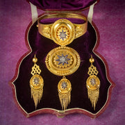 Antique Victorian Etruscan Diamond Parure Suite 18ct Gold Circa 1880 Boxed