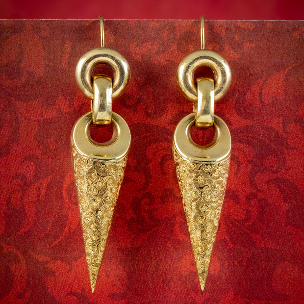 Antique Victorian Etruscan Drop Earrings Pinchbeck Gold Gilt Circa 1870