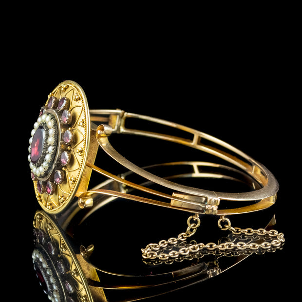 Antique Victorian Etruscan Garnet Pearl Bangle 18ct Gold 