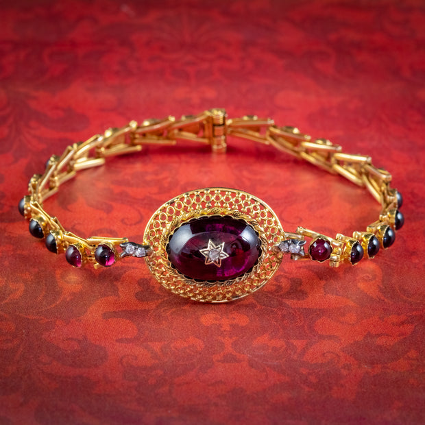 Antique Victorian Etruscan Revival Cabochon Garnet Diamond Bracelet 18ct Gold Circa 1880