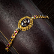 Antique Victorian Etruscan Revival Cabochon Garnet Diamond Bracelet 18ct Gold Circa 1880