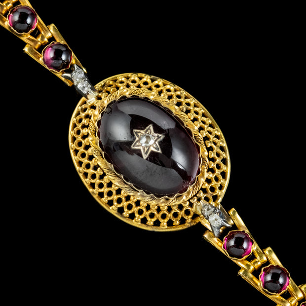Antique Victorian Etruscan Revival Cabochon Garnet Diamond Bracelet 18ct Gold Circa 1880