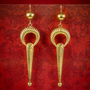 Antique Victorian Etruscan Revival Drop Earrings 15ct Gold Circa 1880