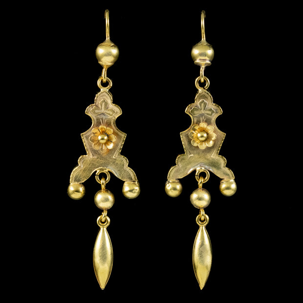 Antique Victorian Etruscan Revival Drop Earrings 18ct Gold Circa 1880