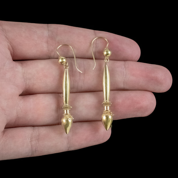 Antique Victorian Etruscan Revival Drop Earrings 18ct Gold Circa 1880 hand