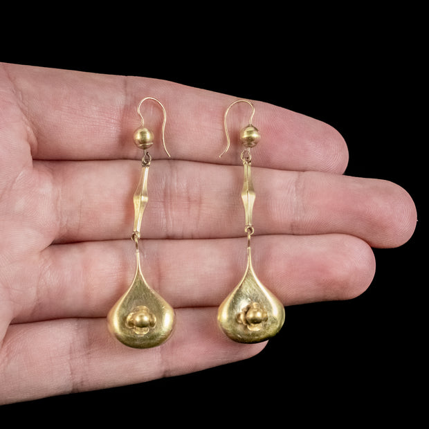 Antique Victorian Etruscan Revival Drop Earrings 9ct Gold Circa 1880 hand