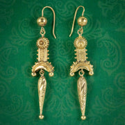 Antique Victorian Etruscan Revival Drop Earrings 18ct Gold Circa 1880