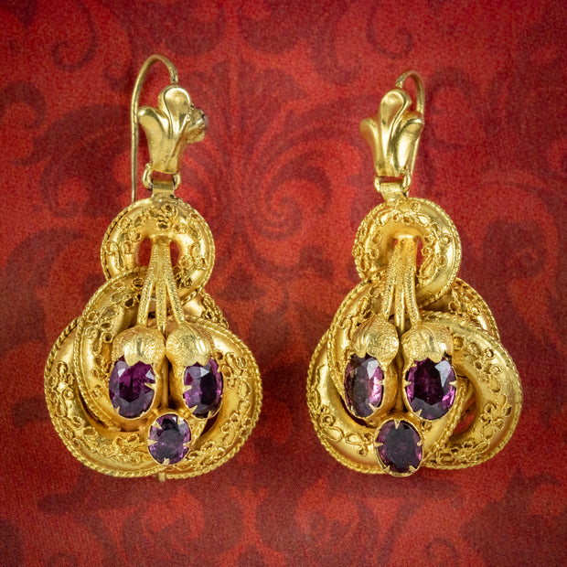 Antique Victorian Etruscan Revival Garnet Earrings 18ct Gold Circa 1870