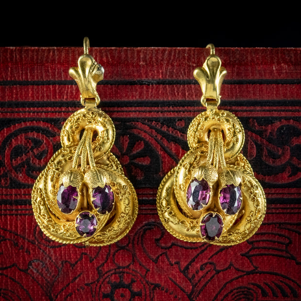 Antique Victorian Etruscan Revival Garnet Earrings 18ct Gold Circa 1870