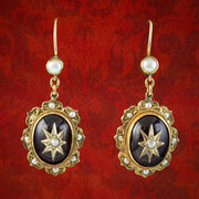 Antique Victorian Etruscan Revival Garnet Pearl Star Earrings 18ct Gold