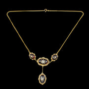 Antique Victorian Etruscan Revival Garnet Pearl Star Necklace 18ct Gold