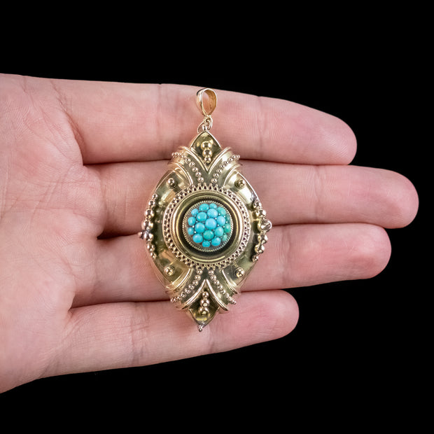 Antique Victorian Etruscan Revival Turquoise Locket 18ct Gold