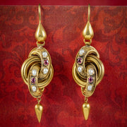 Antique Victorian Etruscan Ruby Pearl Knot Earrings 18ct Gold Circa 1860