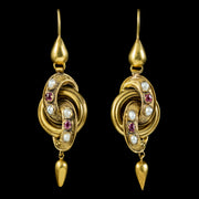 Antique Victorian Etruscan Ruby Pearl Knot Earrings 18ct Gold Circa 1860