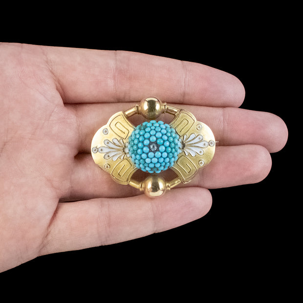 Antique Victorian Etruscan Turquoise Diamond Mourning Brooch 18ct Gold