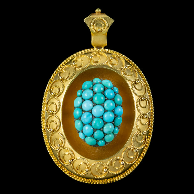 Antique Victorian Etruscan Turquoise Locket Pendant 18ct Gold Circa 1880