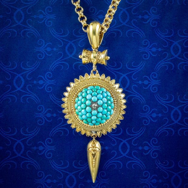 Antique Victorian Etruscan Turquoise Locket Pendant Necklace 18ct Gold