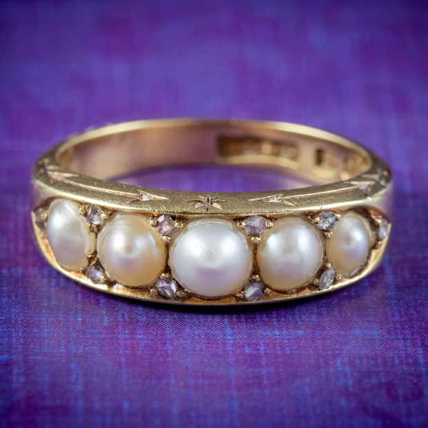 Antique Victorian Five Stone Pearl Diamond Ring Dated 1881