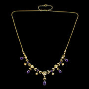 Antique Victorian Floral Amethyst Pearl Dropper Necklace 15ct Gold