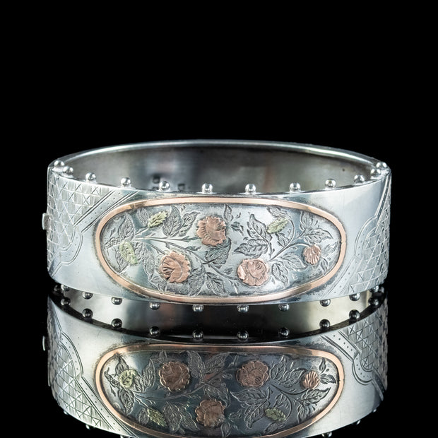 Antique Victorian Floral Cuff Bangle Sterling Silver Dated 1882